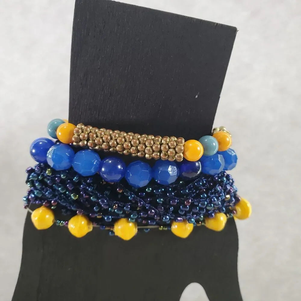 Bundle of Blue Orange Mustard Bracelets Elastic Cuff Bangles Mixed Viva Beads